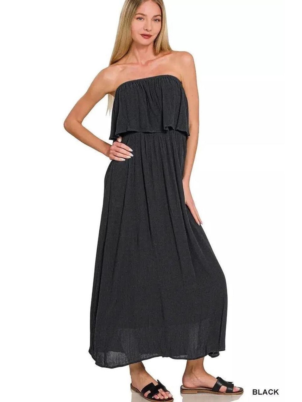 Zenana Outfitters Black Strapless Ruffle Maxi Dress
